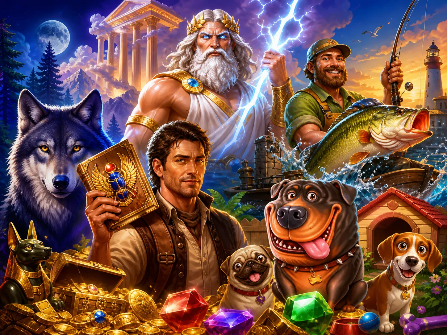 Premium digital artwork showcasing characters and themes from fantasy and adventure slot games.