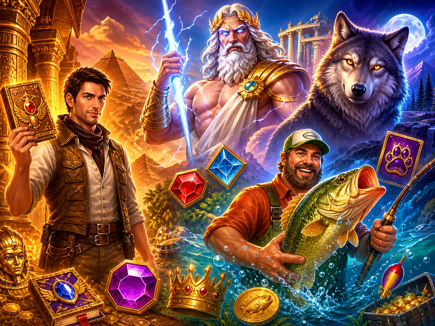 Colorful fantasy-themed slot game artwork with vibrant characters and a rich environment.